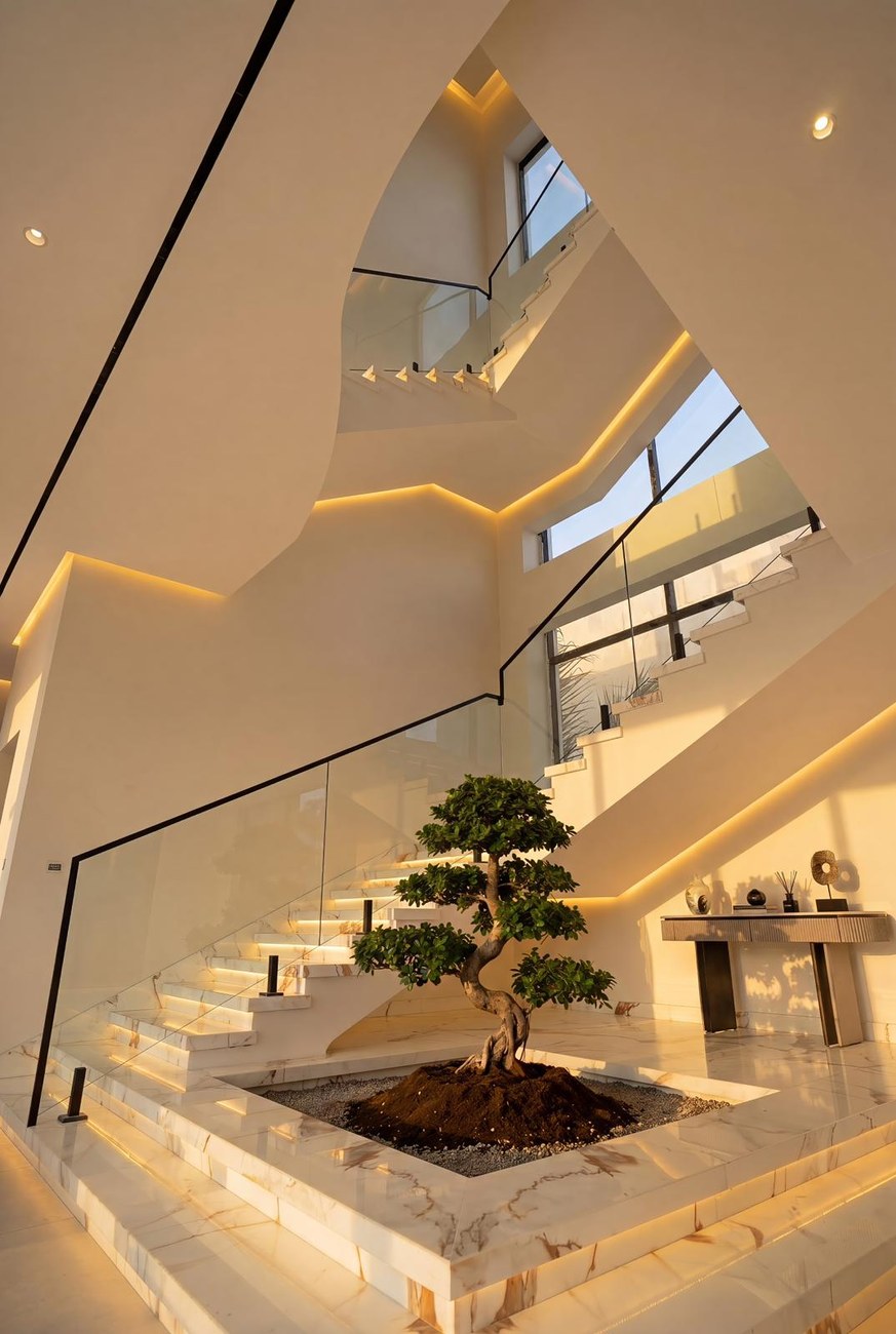 Marble staircase with bonsai centerpiece